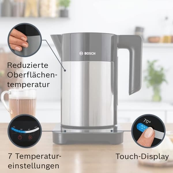 BOSCH TWK7203 programmerbar elkedel - Sort og rustfrit stål - 1,7L - 360° base - Automatisk slukning