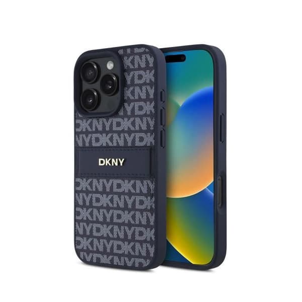 Coque iPhone 16 Pro Max - DKNY - Stribet Mønster - Stødbeskyttelse - Blå Metallisk Logo