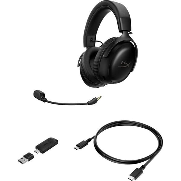 HyperX Cloud III S Wireless Gaming Headset i sort til PC, Mac, PS5, Mobile, Switch. Med USB-C til USB-A adapter, USB-kabel.