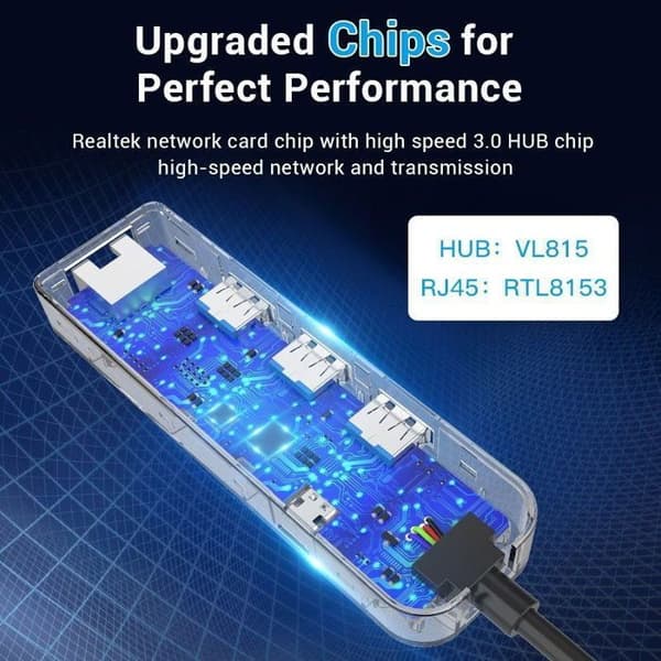 Vention 4-i-1 USB 3.0 til 3x USB 3.0 / Gigabit Ethernet-adapter 0.15M Sort