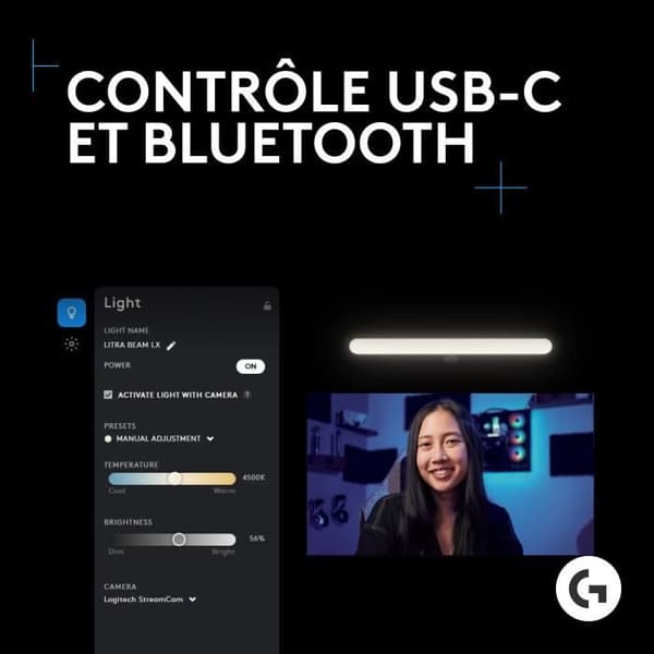 Ring Light gamer - Kable - Logitech G - Litra Beam LX - USB - LED RGB - Sort