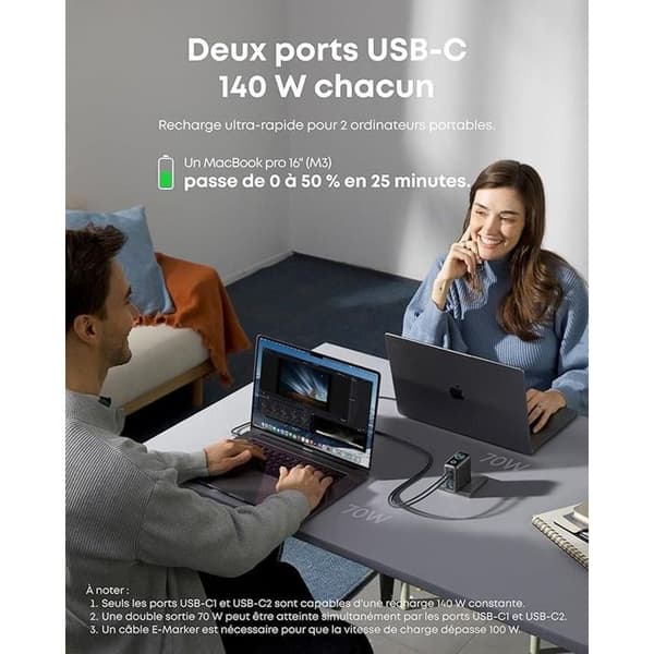 Anker 1A3C 140 W Max Sort PC oplader og strømkabel til 4 enheder
