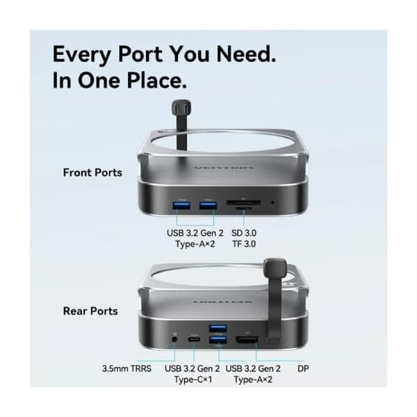 Dockning för Mac Mini USB Typ-C Vention THIHAG- SSD M.2- 4xUSB- 1xUSB Typ-C- 1xDisplayPort 4K- 1xKortläsare- 1xJack