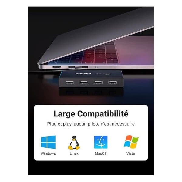 USB 2.0 Switch - Ugreen - KVM 4 portar - 5Gbps - Kompatibel med Windows/Linux/MacOS - LED-indikator