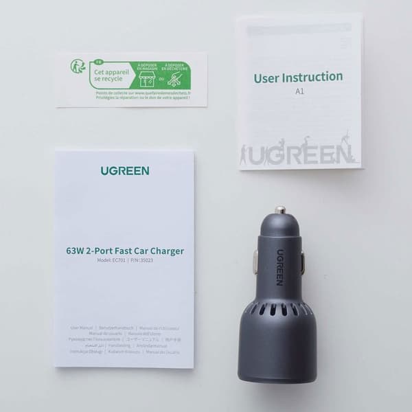 Biloplader - UGREEN - 1 USB-C + 1 USB-A - 63W - Grå