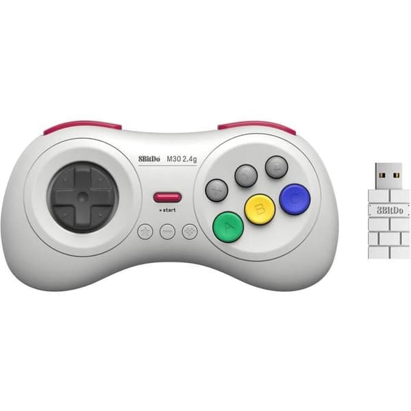 8bitdo Trådløs controller med 8 knapper, hvid farve, kompatibel med Switch, Sega Genesis mini & Mega Drive mini