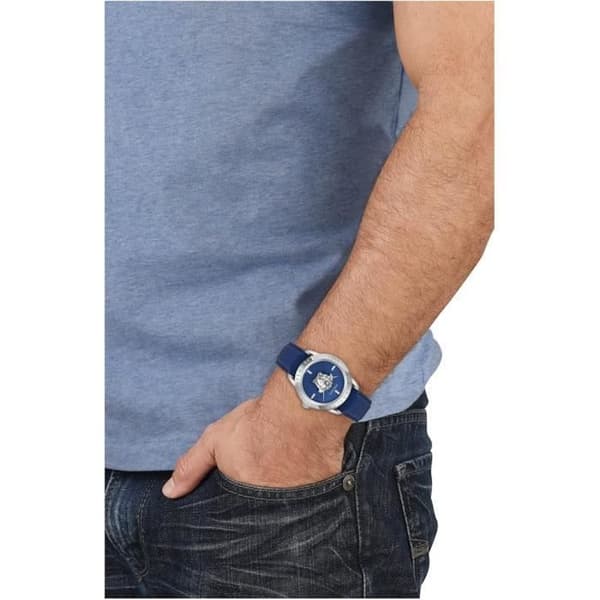 Quartzur för män - Versace V-Code VESN00122 - Rostfritt stål - Blå urtavla - Läderarmband