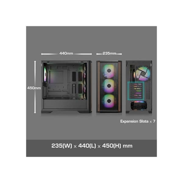 Agos MAX-MS4 PC-tårn kabinet i sort, 4 ARGB 140 mm blæsere, hærdet glas, frontpanel med træstruktur, GPU-support