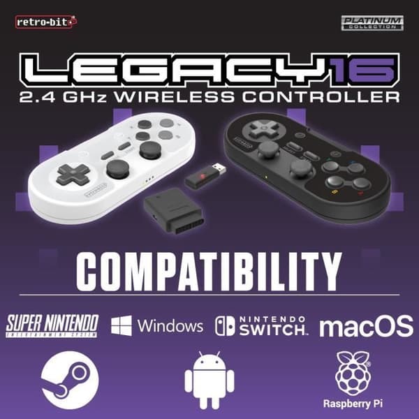 Trådløs controller - RetroBit Legacy 16 - Sort - Switch, PC, Steam, Raspberry Pi, SNES, Android