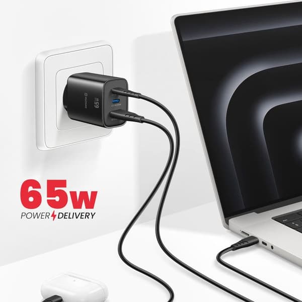 Lader 2 USB-C 65W Power Delivery og USB-A Quick Charge 3.0 18W Swissten Sort