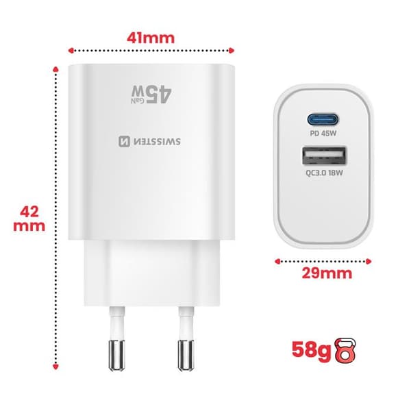 USB-C oplader 45W Power Delivery og USB-A Quick Charge 3.0 18W Swissten Hvid