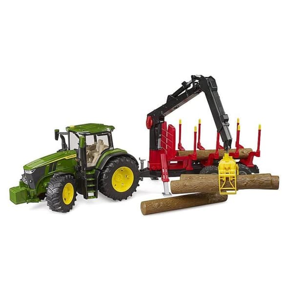 John Deere 7R med skovvogn og 4 træstammer