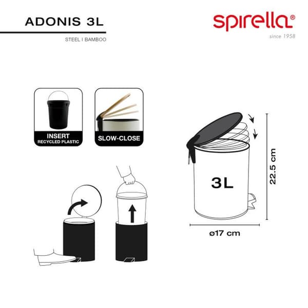 Papperskorg med pedal Stål & Bambu ADONIS 3L Vit Spirella
