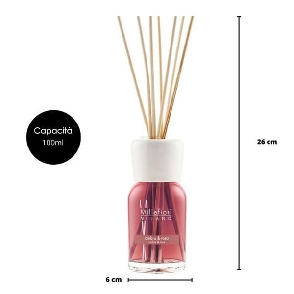 MILLEFIORI, DIFFUSOR MED PINNAR AMBER & ROSA 100ML, HEM, DOFTARE.