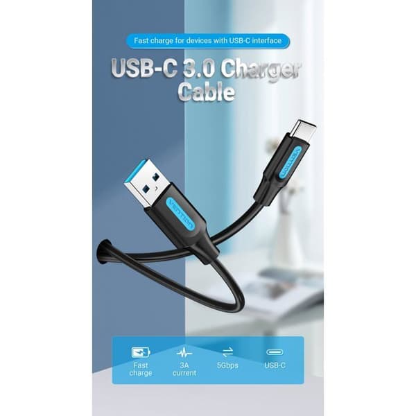USB-C til USB 3.0-kabel - Vention - 60W - 1m - Sort - Han/Han - Model CODHF
