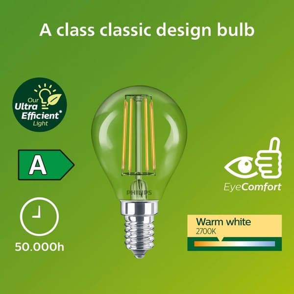 LED E14 Globe P45 2,3W (40W) Transparent 485lm 2700K Energiklass A