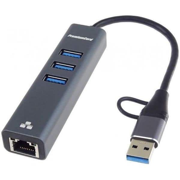Hub / USB-adapter - PREMIUMCORD - USB-C til USB-A adapter - Gigabit Ethernet 10/100/1000 - 3 x USB 3.2 - Sort