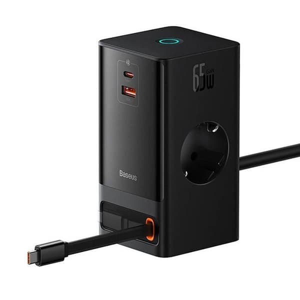 Strømadapter - BASEUS - POWERCOMBO 65W - Sort - Multiopladning - 3 porte USB-C/USB/AC