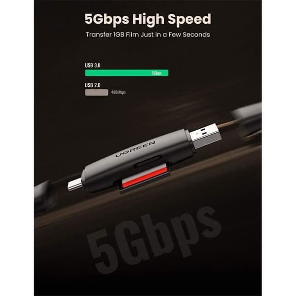 SD-kortlæser USB C - UGREEN - USB 3.0-adapter - Overførsel 5 Gbps - Understøtter 512 Go - Sort