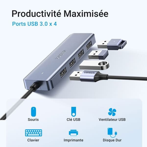 USB-hubb - UGREEN - 4 portar USB 3.0 + USB-C - Grå