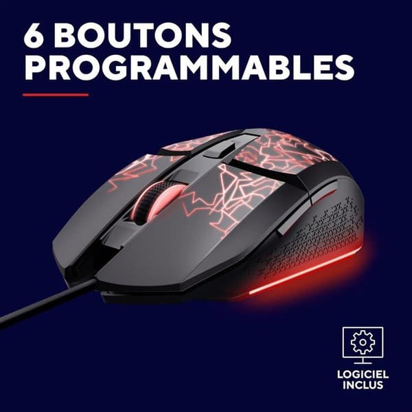 Trådad gamingmus - TRUST - 6 programmerbara knappar - Multicolor LED-belysning - Känslighet 200-6400 DPI