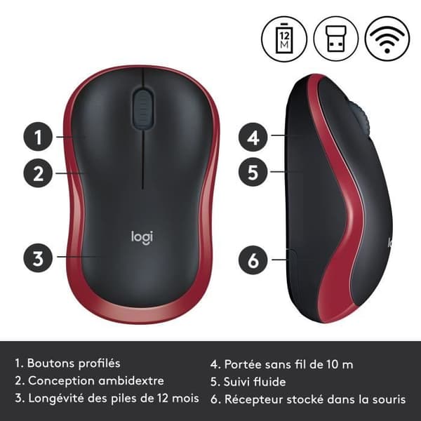 Mus - Trådlös - Logitech - M185 - Röd - Ambidextrös