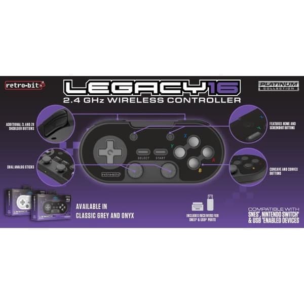 Trådløs controller - RetroBit Legacy 16 - Sort - Switch, PC, Steam, Raspberry Pi, SNES, Android