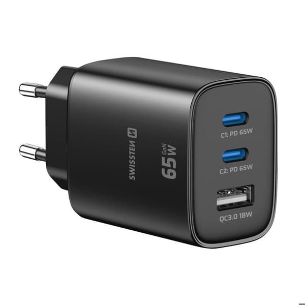 Lader 2 USB-C 65W Power Delivery og USB-A Quick Charge 3.0 18W Swissten Sort