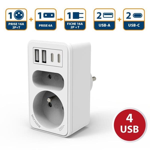 Stikdåse - VELAMP - Biplite - 2 stik 16A + 6A - 2 USB-A - 2 USB-C