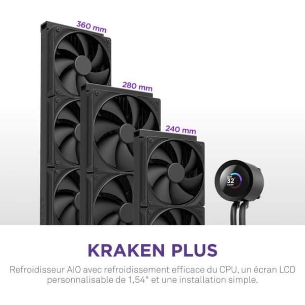 Vandkøling - NZXT - RL-KN360-B2 - Kraken Plus 360 - 1,54" tilpasselig LCD-skærm - Sort