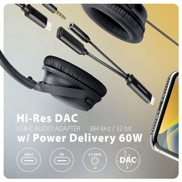 AXAGON ADA-HCPD, højopløsnings audio DAC-adapter, 384kHz/32bit stereo, USB-C til jack 3.5mm