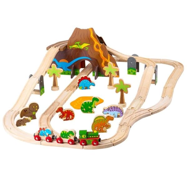 BigJigs Legetøj - Modeller - Dinosaur Theme Train Track - Garage - Togstation - Lufthavn - Havn - Hus - Bygning