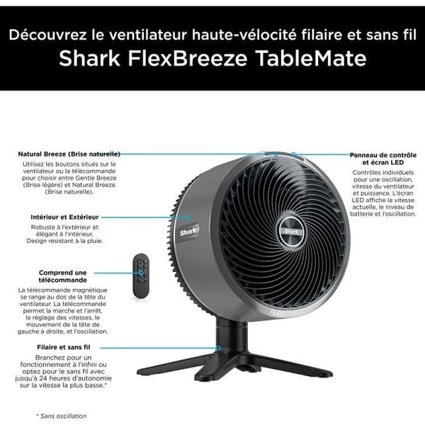 Bordventilator - SHARK - FA150EU - Med eller uden ledning - FlexBreeze TableMate