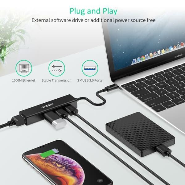 USB-C hub med 3 USB-porte og en adapter til Ethernet
