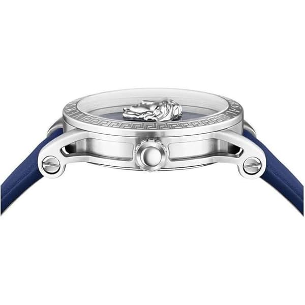 Quartzur för män - Versace V-Code VESN00122 - Rostfritt stål - Blå urtavla - Läderarmband