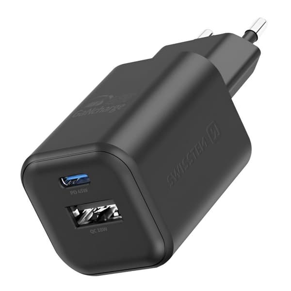 USB-C 45W / USB-A 18W GaN PD / QC Swissten Sort Strømforsyning