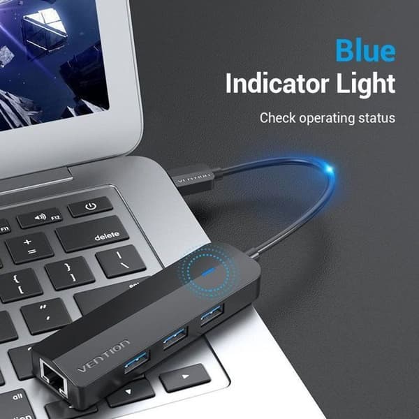 Vention 4-i-1 USB 3.0 til 3x USB 3.0 / Gigabit Ethernet-adapter 0.15M Sort