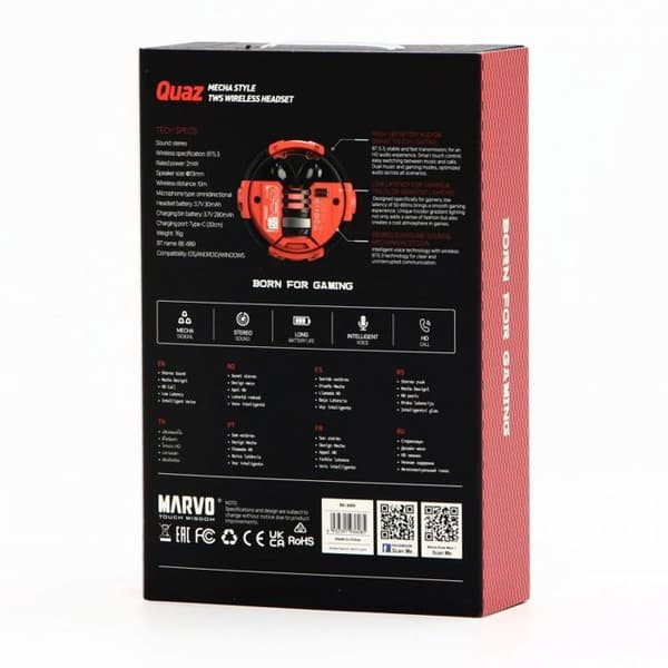 Hörlurar - MARVO - Quaz - Bluetooth - In-ear - Röd