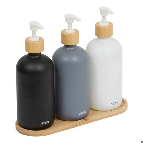 Sæt med 3 sæbedispensere 500 ml med bambusbakke