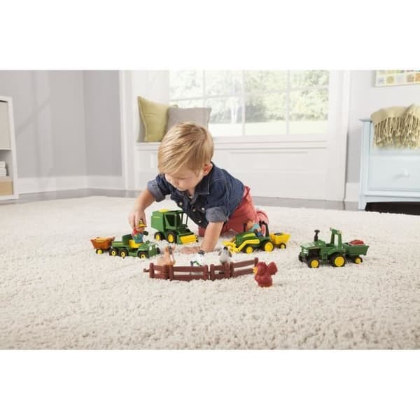 Maxi John Deere gård sæt - 4 køretøjer, 2 landmænd, 4 dyr og tilbehør
