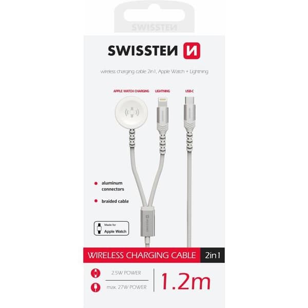 Strömkabel - SWISSTEN - 2in1 - USB-C och Lightning - 1,2 m - Vit