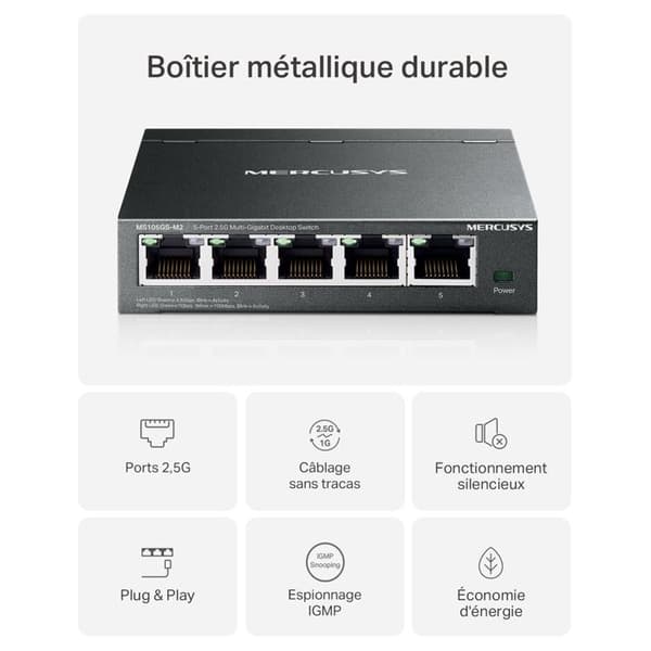 Switch til skrivebord - MERCUSYS - MS105GS-M2 - 5 porte 2,5 Gbps - Metalhus - Plug & Play