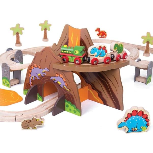 BigJigs Legetøj - Modeller - Dinosaur Theme Train Track - Garage - Togstation - Lufthavn - Havn - Hus - Bygning