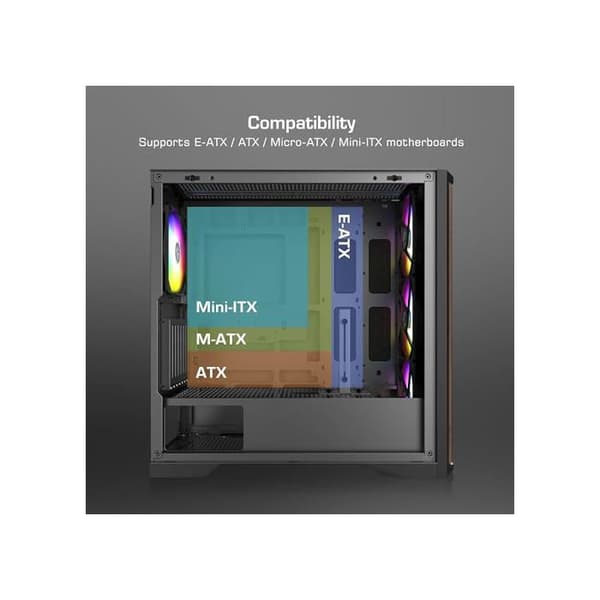 Agos MAX-MS4 PC-tårn kabinet i sort, 4 ARGB 140 mm blæsere, hærdet glas, frontpanel med træstruktur, GPU-support