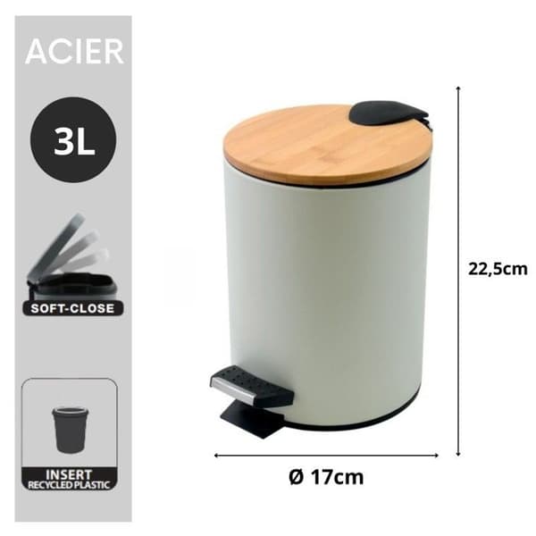 Papperskorg med pedal Stål & Bambu ADONIS 3L Vit Spirella