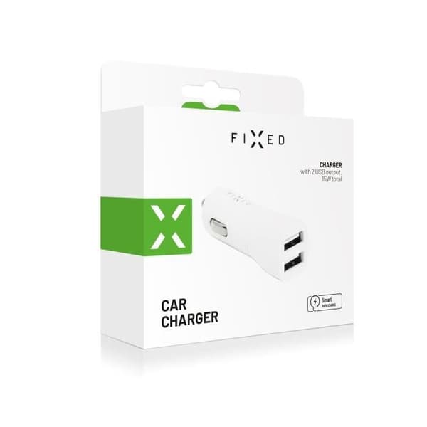 Bilauflader - FIXED - 2xUSB Adapter - 15W Smart Rapid Charge - Vit - Praktisk