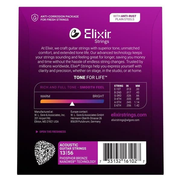 Strenge til akustisk guitar - ELIXIR - Elixir 16102 - Phosphor-bronze - Polymerbelægning - 13-56