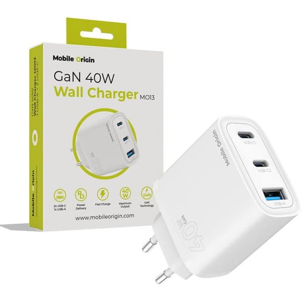 Strømforsyning - MOBIL - MO13 - 40W - 2 USB-C - 1 USB-A - GaN