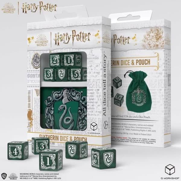 Terningespil - Q WORKSHOP - Harry Potter Slytherin Terningpakke - 5 terninger - Stofpose - Multifarvet