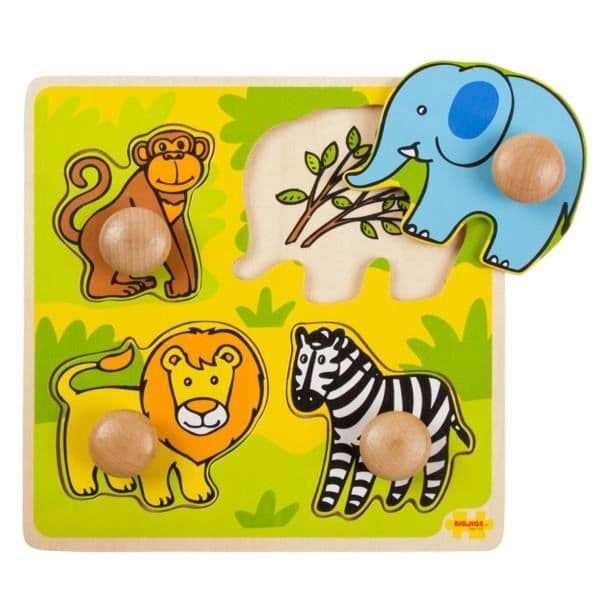 Gåde - Gåde store knapper Safari - 4 dele - Træ - Savanne dyr
